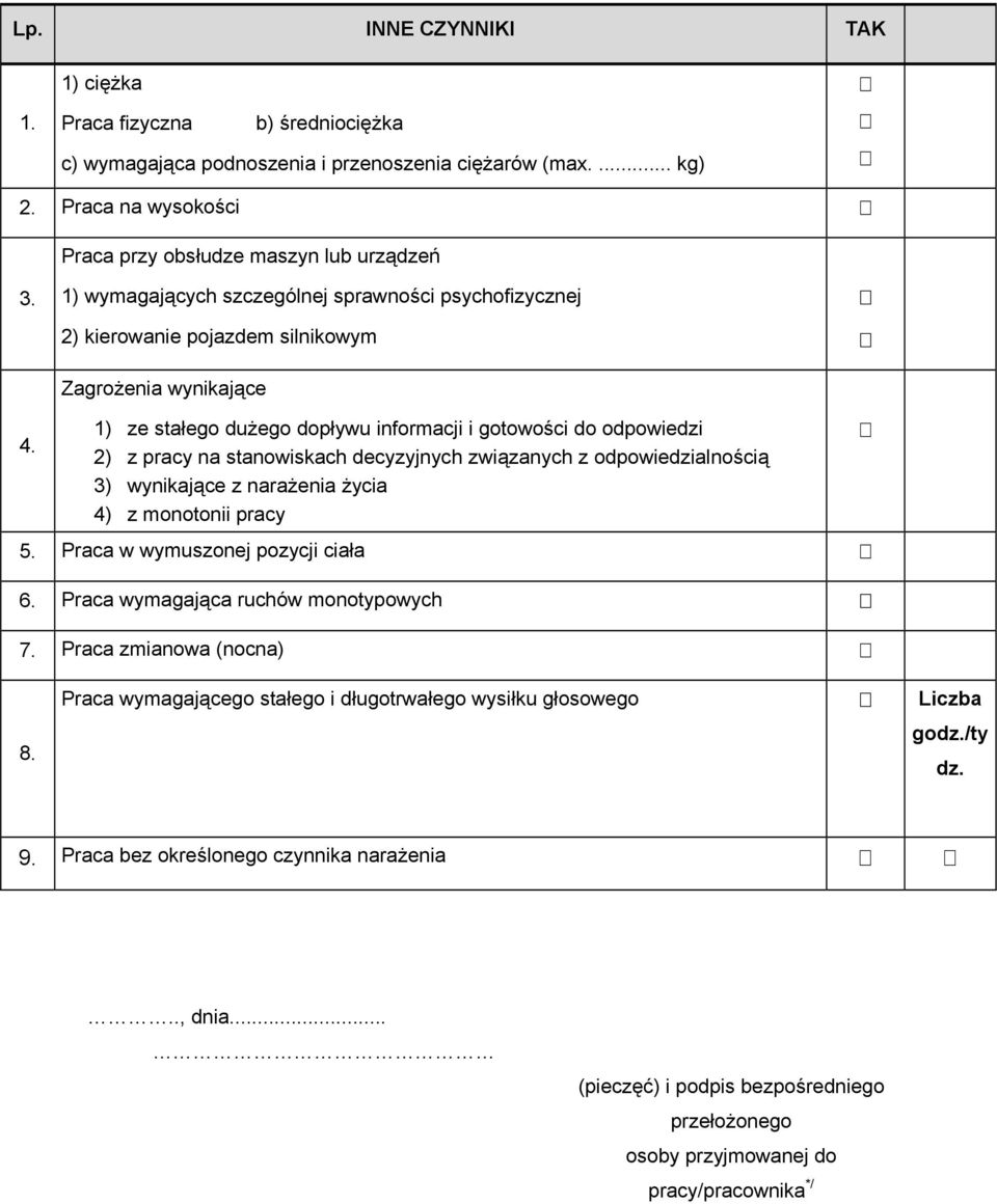 2) kierowanie pojazdem silnikowym Zagrożenia wynikające 1) ze stałego dużego dopływu informacji i gotowości do odpowiedzi 2) z pracy na stanowiskach decyzyjnych związanych z odpowiedzialnością 3)