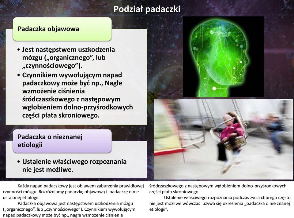 Każdy napad padaczkowy jest objawem zaburzenia prawidłowej czynności mózgu. Rozróżniamy padaczkę objawową i padaczkę o nie ustalonej etiologii.