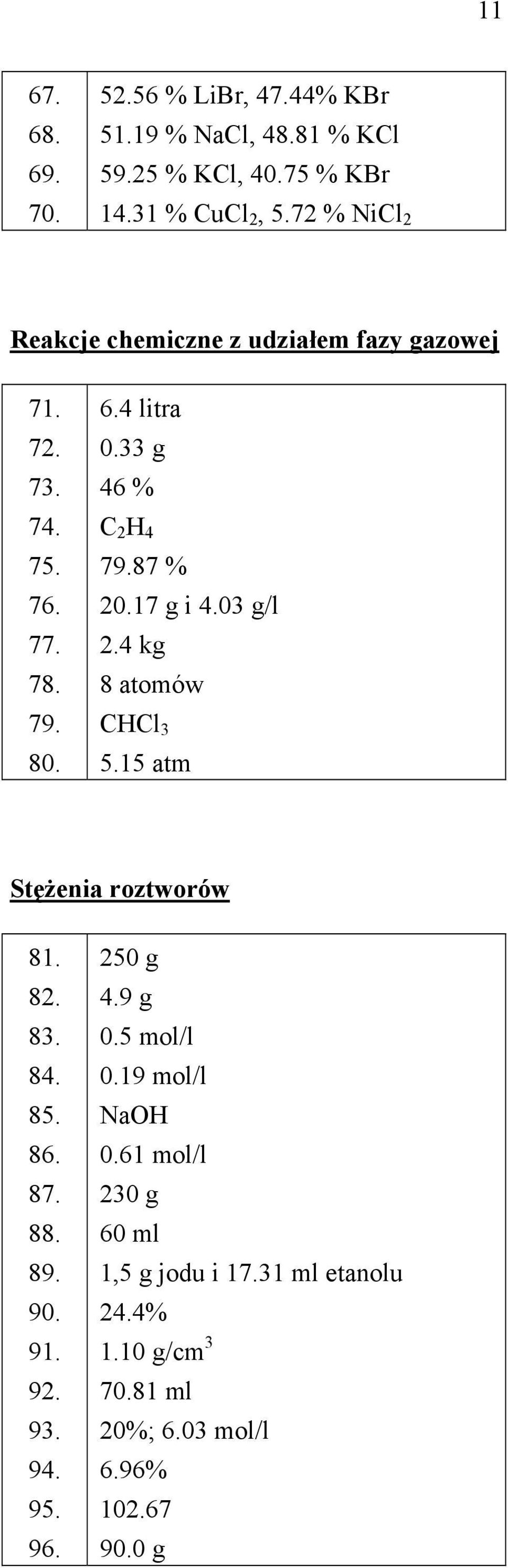 87 % 20.17 g i 4.03 g/l 2.4 kg 8 atomów CHCl 3 5.15 atm Stężenia roztworów 81. 82. 83. 84. 85. 86. 87. 88. 89. 90. 91. 92. 93. 94.