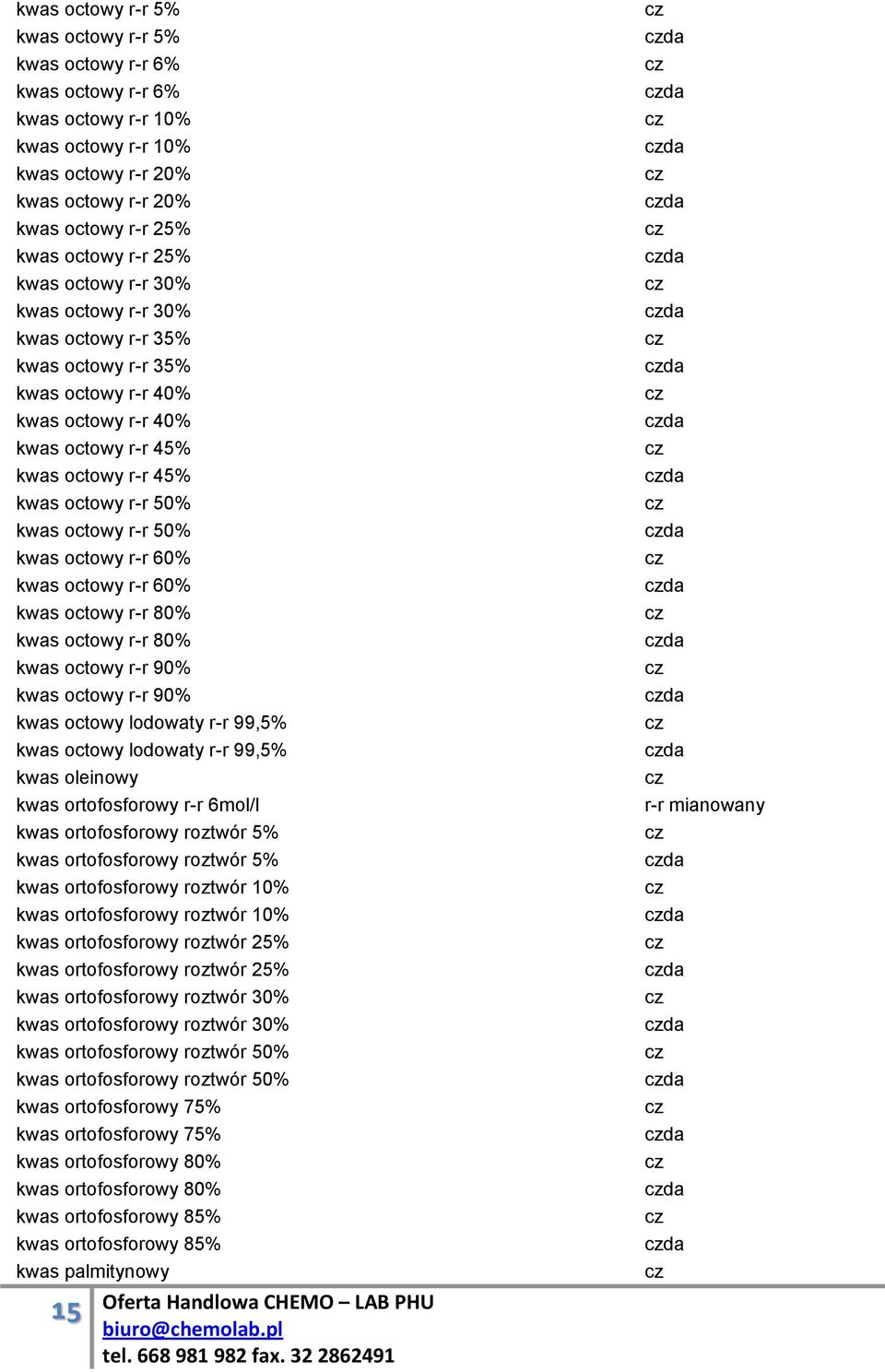 kwas octowy r-r 60% kwas octowy r-r 60% kwas octowy r-r 80% kwas octowy r-r 80% kwas octowy r-r 90% kwas octowy r-r 90% kwas octowy lodowaty r-r 99,5% kwas octowy lodowaty r-r 99,5% kwas oleinowy