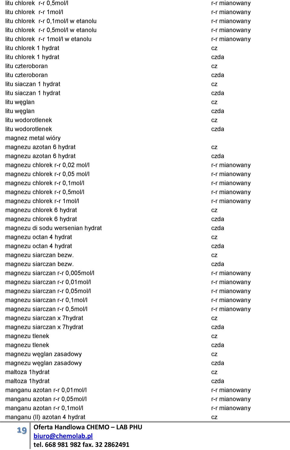 magnezu chlorek r-r 0,02 mol/l magnezu chlorek r-r 0,05 mol/l magnezu chlorek r-r 0,1mol/l magnezu chlorek r-r 0,5mol/l magnezu chlorek r-r 1mol/l magnezu chlorek 6 hydrat magnezu chlorek 6 hydrat