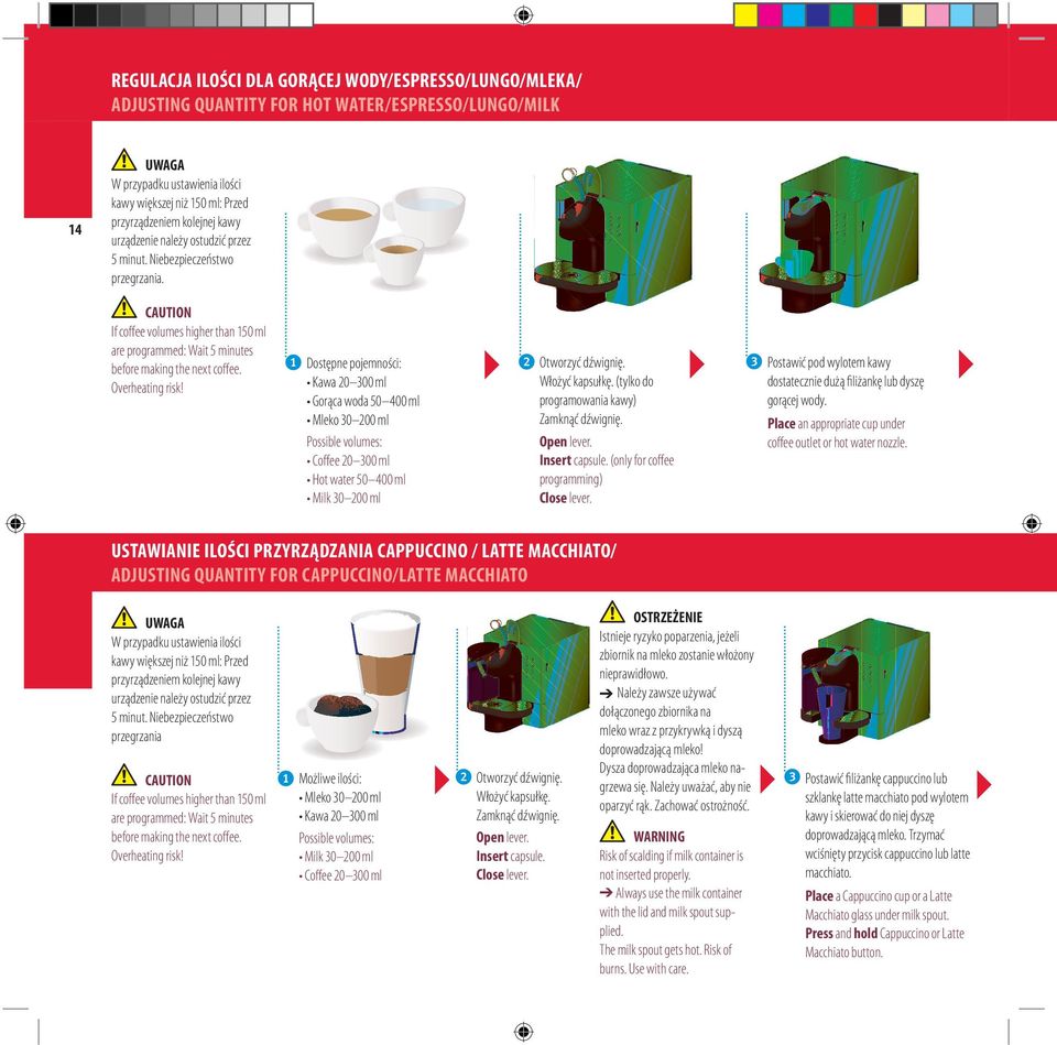 Overheating risk! Dostępne pojemności: Kawa 20 300 ml Gorąca woda 50 400 ml Mleko 30 200 ml Possible volumes: Coffee 20 300 ml Hot water 50 400 ml Milk 30 200 ml Otworzyć dźwignię. Włożyć kapsułkę.