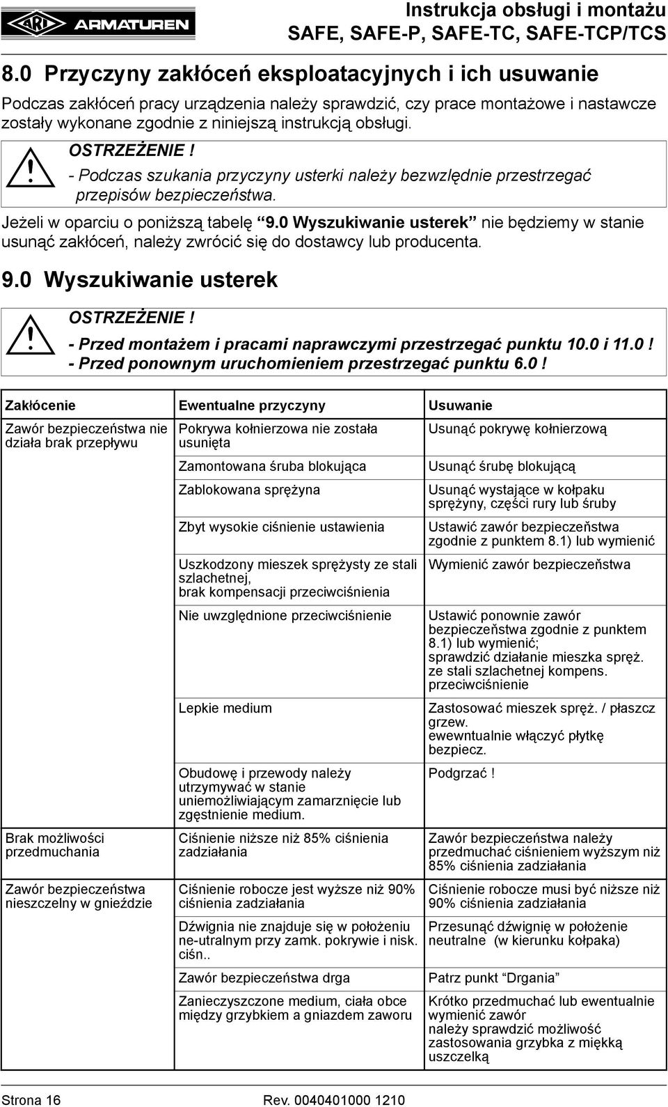 0 Wyszukiwanie usterek nie będziemy w stanie usunąć zakłóceń, należy zwrócić się do dostawcy lub producenta. 9.0 Wyszukiwanie usterek - Przed montażem i pracami naprawczymi przestrzegać punktu 10.