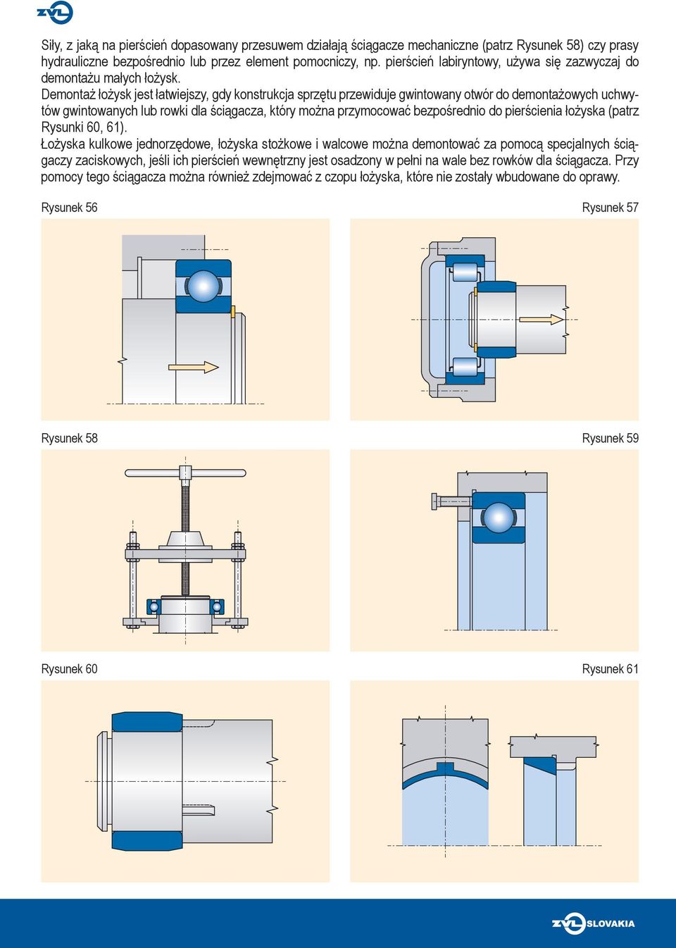 Demontaż łożysk jest łatwiejszy, gdy konstrukcja sprzętu przewiduje gwintowany otwór do demontażowych uchwytów gwintowanych lub rowki dla ściągacza, który można przymocować bezpośrednio do