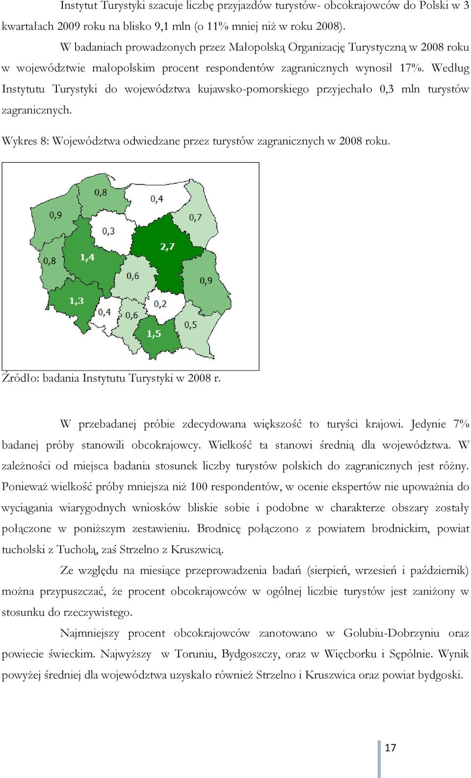 Według Instytutu Turystyki do województwa kujawsko-pomorskiego przyjechało 0,3 mln turystów zagranicznych. Wykres 8: Województwa odwiedzane przez turystów zagranicznych w 2008 roku.