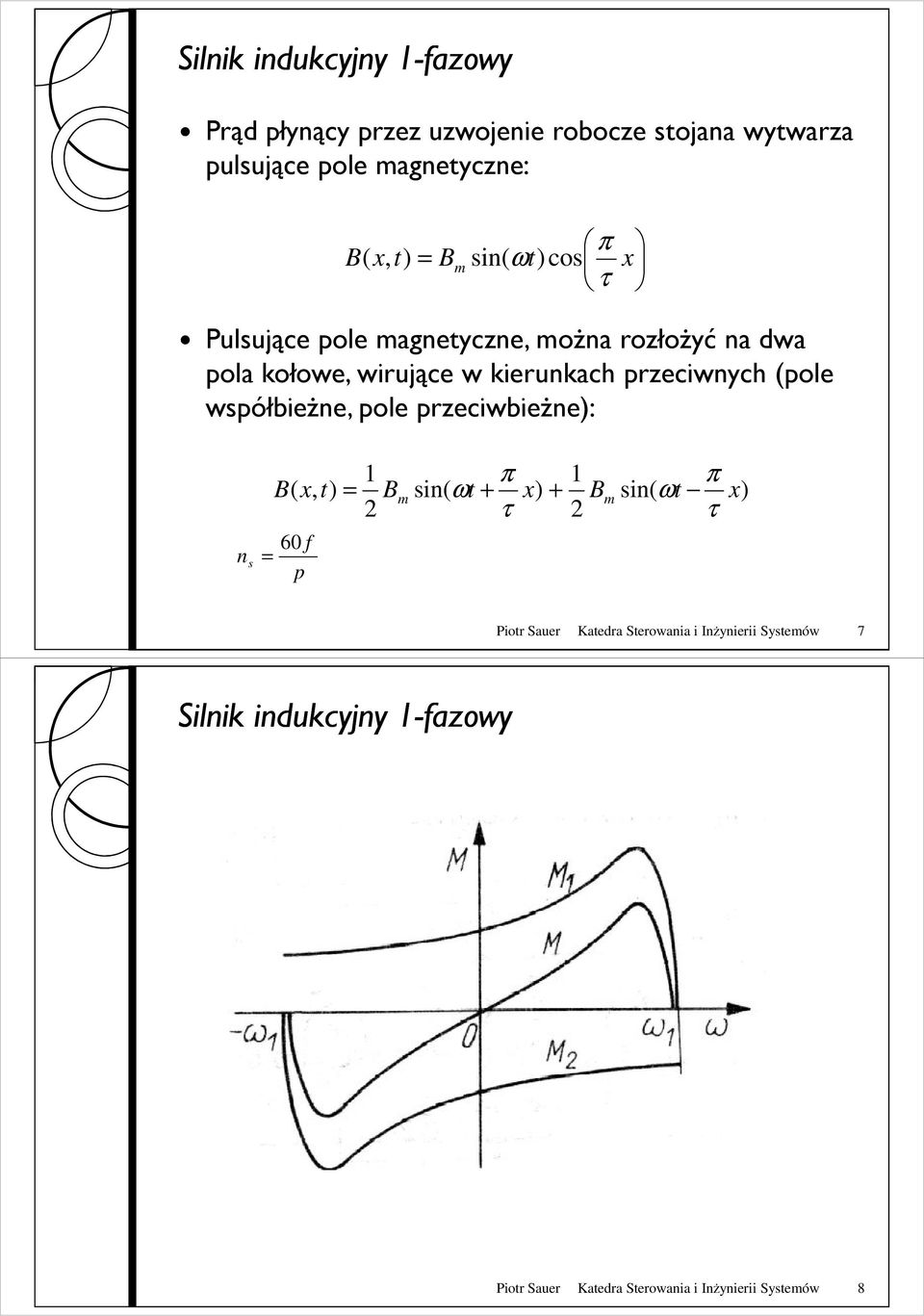 (pole współbieŝne, pole przeciwbieŝne): 1 π 1 π B( x, t) = Bm sin( ωt + x) + Bm sin( ωt x) 2 τ 2 τ 60 f n s = p Piotr