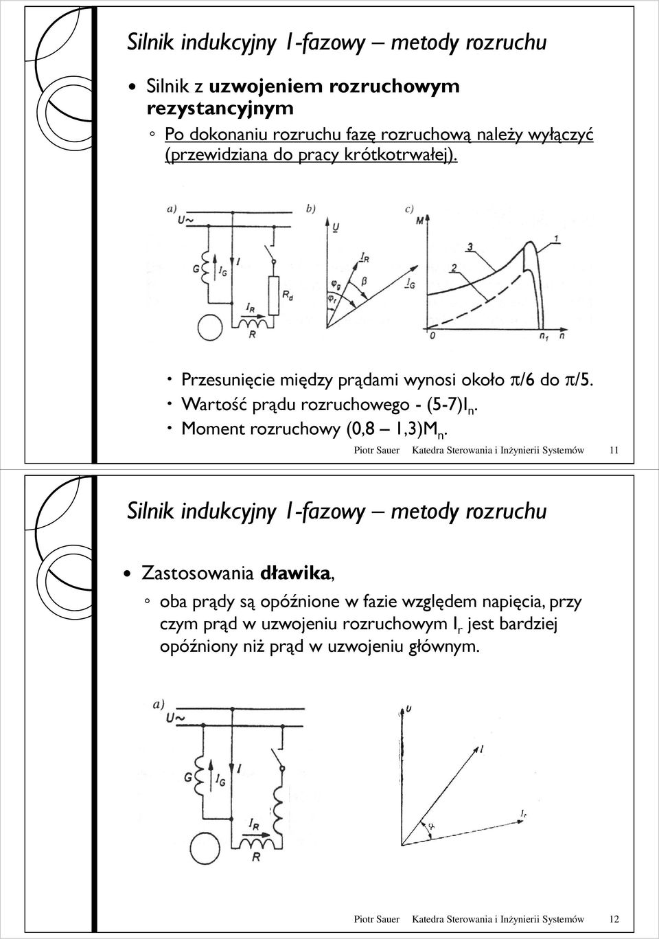 Piotr Sauer Katedra Sterowania i Inżynierii Systemów 11 Silnik indukcyjny 1-fazowy Zastosowania dławika, oba prądy są opóźnione w fazie względem