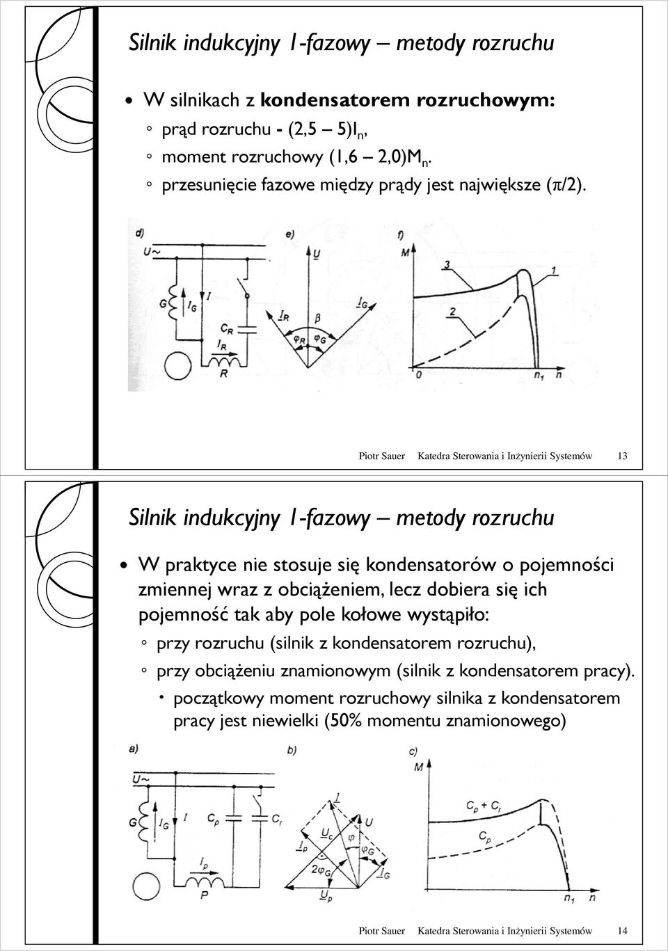 Piotr Sauer Katedra Sterowania i Inżynierii Systemów 13 Silnik indukcyjny 1-fazowy W praktyce nie stosuje się kondensatorów o pojemności zmiennej wraz z obciąŝeniem,