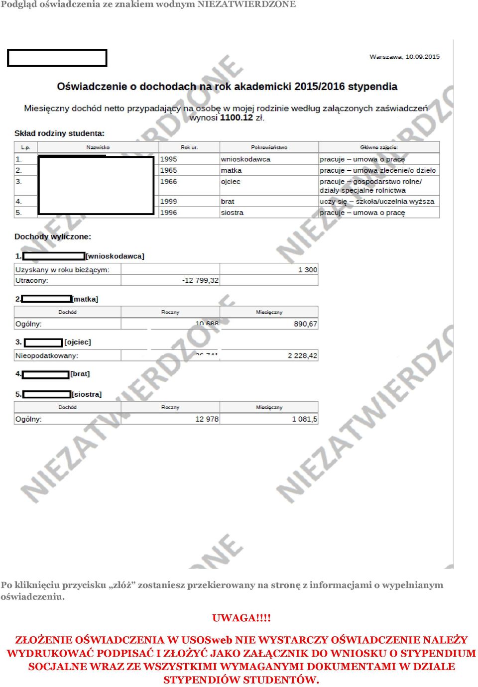 !!! ZŁOŻENIE OŚWIADCZENIA W USOSweb NIE WYSTARCZY OŚWIADCZENIE NALEŻY WYDRUKOWAĆ PODPISAĆ I