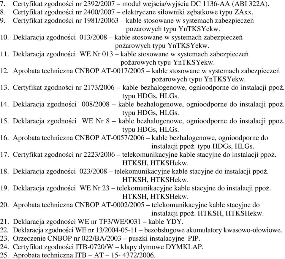 Deklaracja zgodności 013/2008 kable stosowane w systemach zabezpieczeń pożarowych typu YnTKSYekw. 11. Deklaracja zgodności WE Nr 013 kable stosowane w systemach zabezpieczeń pożarowych typu YnTKSYekw.