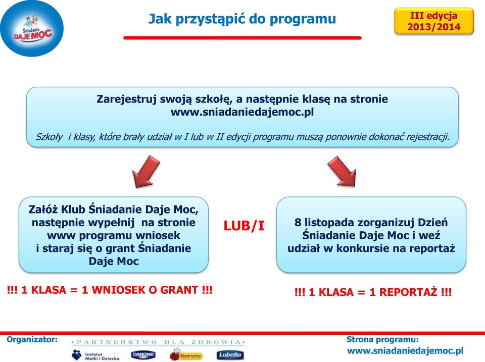 Załóż Klub Śniadanie Daje Moc, następnie wypełnij na stronie www programu wniosek i staraj się o grant Śniadanie Daje