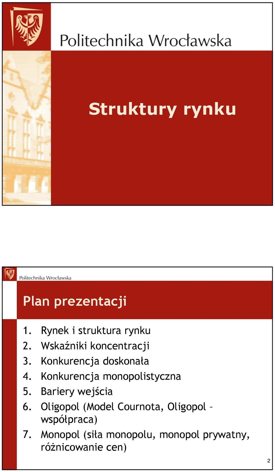 Konkurencja monopolistyczna 5. Bariery wejścia 6.