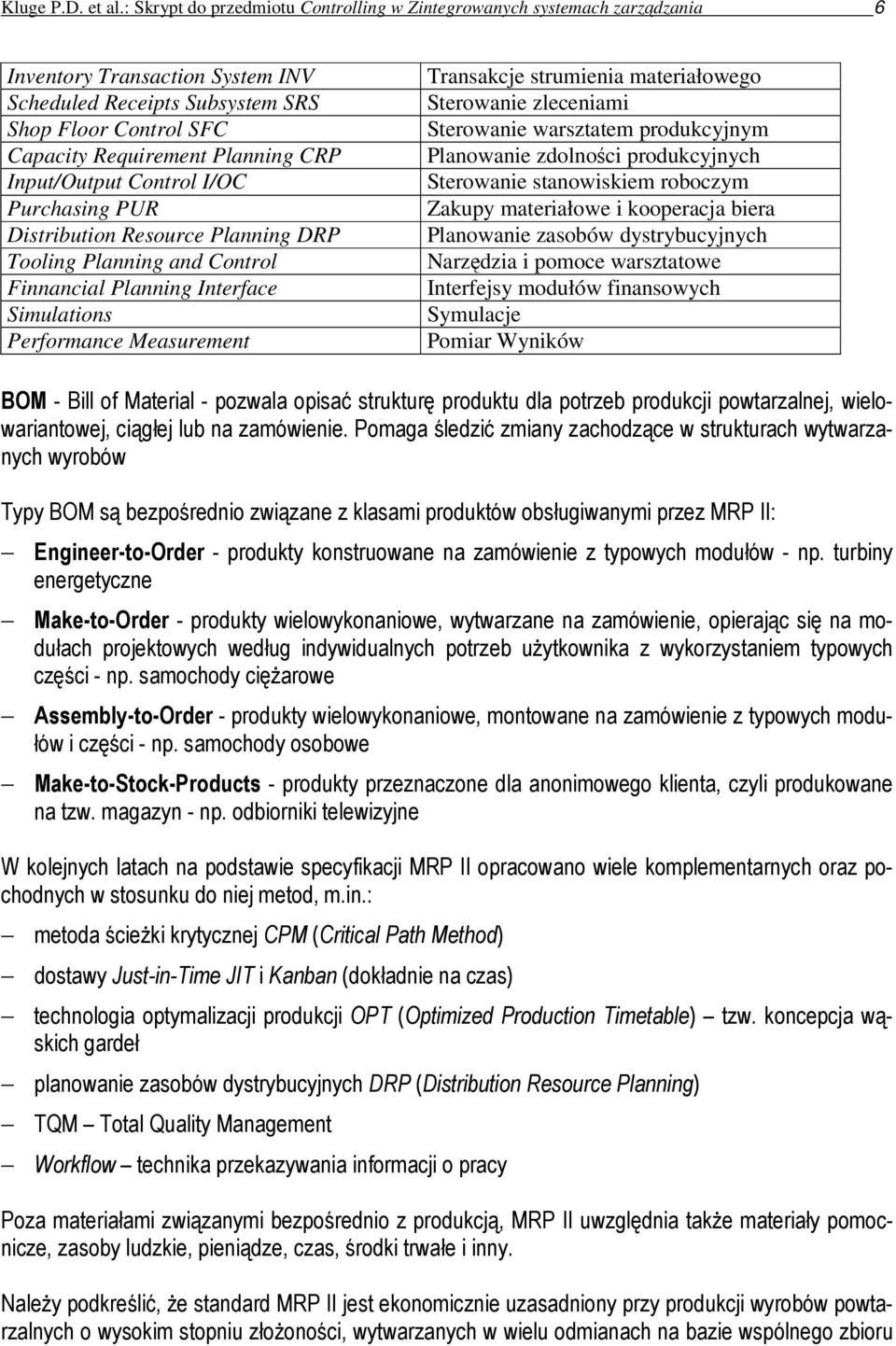 Input/Output Control I/OC Purchasing PUR Distribution Resource Planning DRP Tooling Planning and Control Finnancial Planning Interface Simulations Performance Measurement Transakcje strumienia