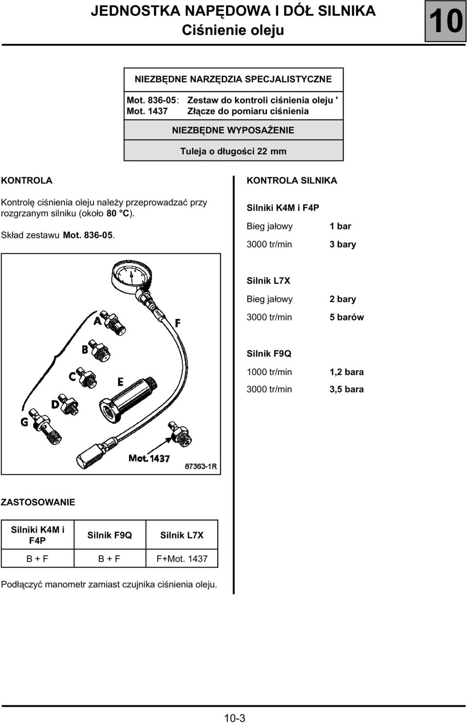 przeprowadzać przy rozgrzanym silniku (około 80 C). Skład zestawu Mot. 836-05.
