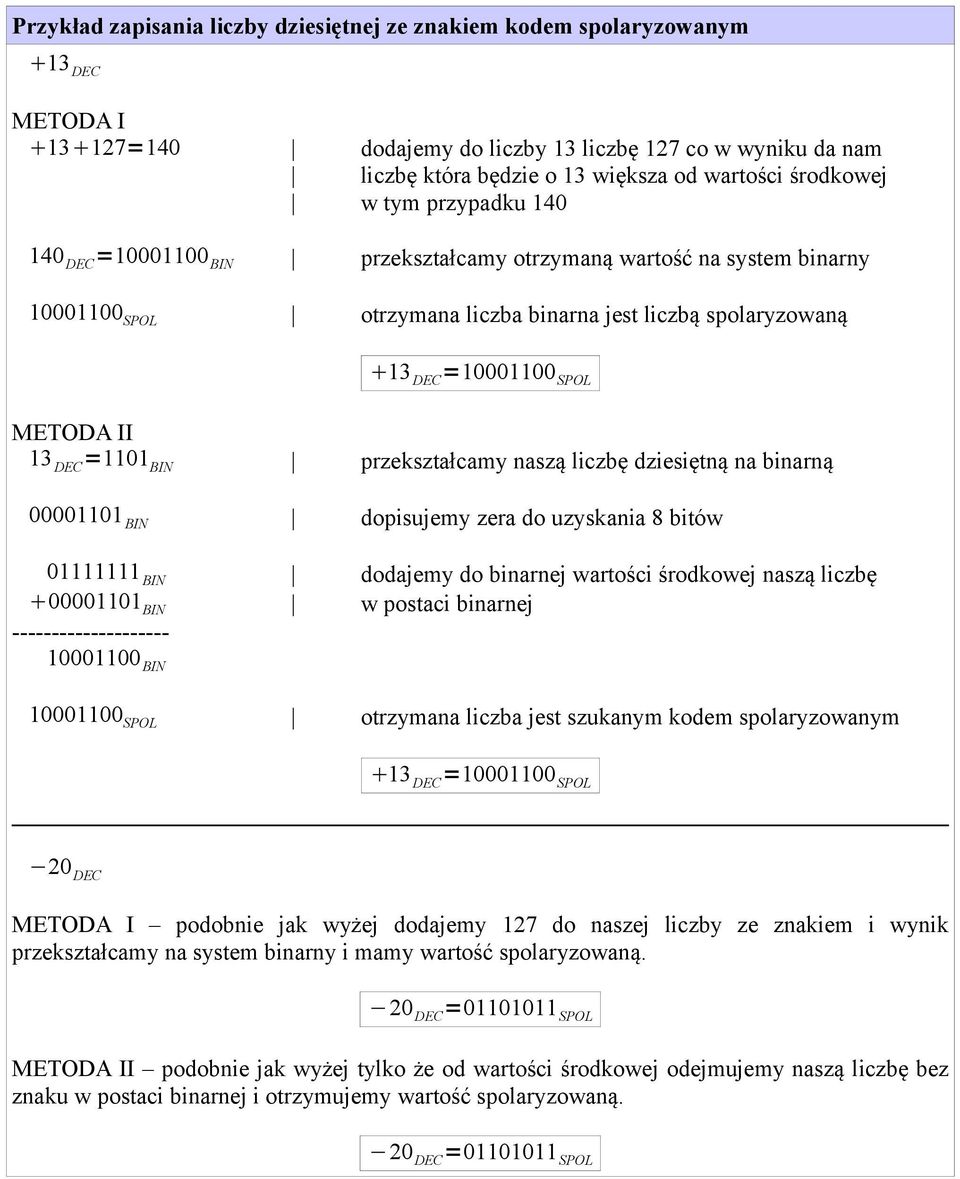 13 DEC =1101 BIN przekształcamy naszą liczbę dziesiętną na binarną 00001101 BIN dopisujemy zera do uzyskania 8 bitów 01111111 BIN dodajemy do binarnej wartości środkowej naszą liczbę 00001101 BIN w