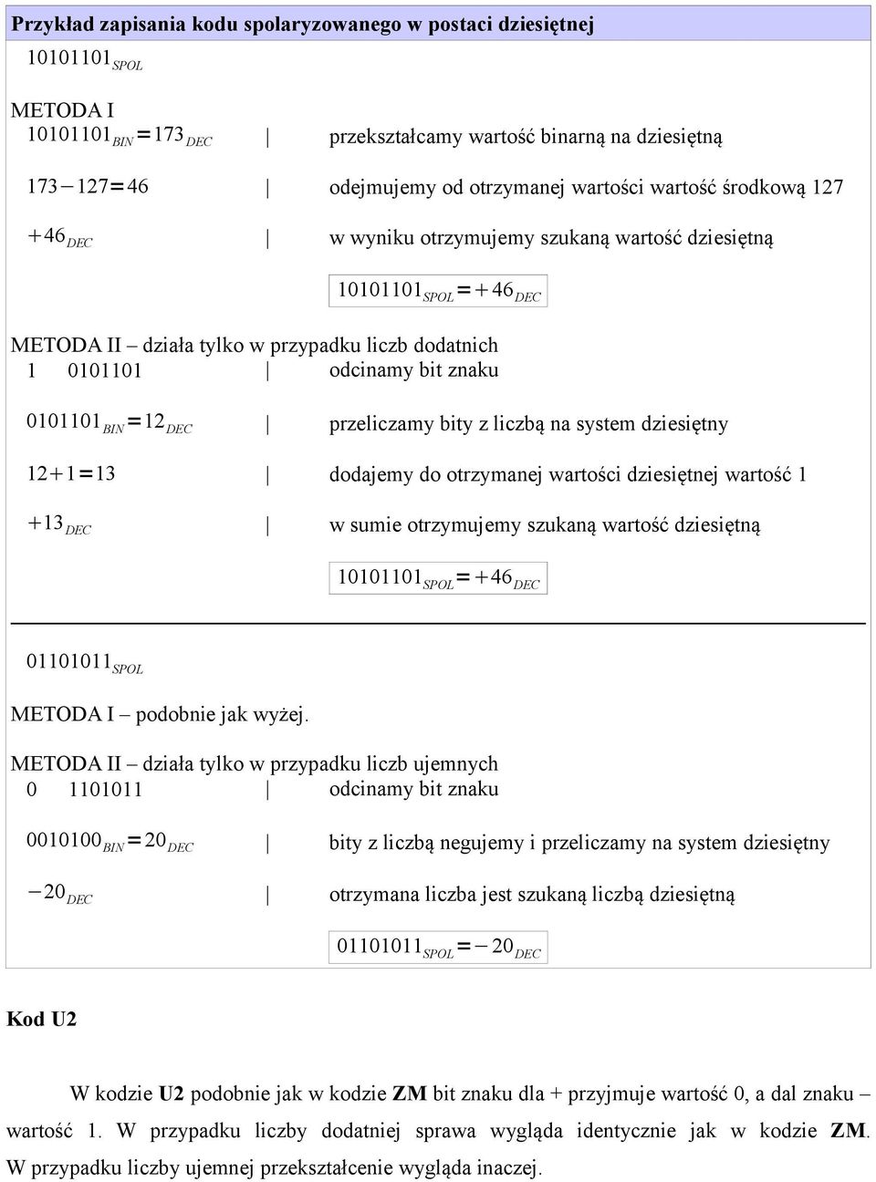 przeliczamy bity z liczbą na system dziesiętny 12 1=13 dodajemy do otrzymanej wartości dziesiętnej wartość 1 13 DEC w sumie otrzymujemy szukaną wartość dziesiętną 10101101 SPOL = 46 DEC 01101011 SPOL