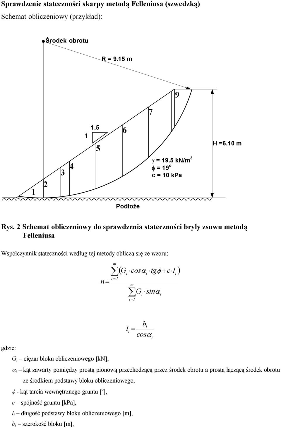 2 Schemat oblczenowy do sprawdzena statecznośc bryły zsuwu metodą Fellenusa Współczynnk statecznośc według tej metody oblcza sę ze wzoru: n m ( G cosα tgφ + c l ) = = m =