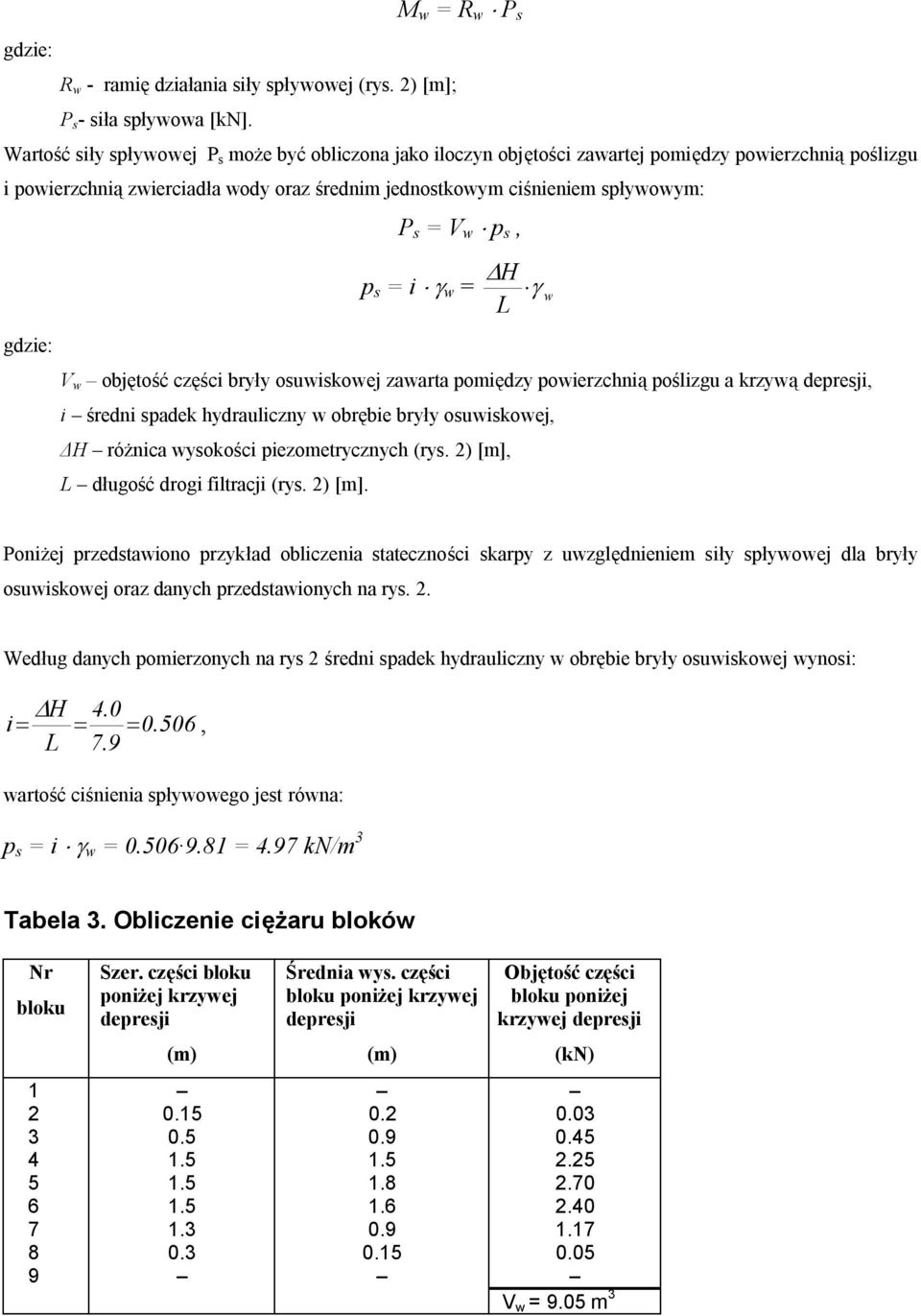 γ w L gdze: V w objętość częśc bryły osuwskowej zawarta pomędzy powerzchną poślzgu a krzywą depresj, średn spadek hydraulczny w obrębe bryły osuwskowej, ΔH różnca wysokośc pezometrycznych (rys.