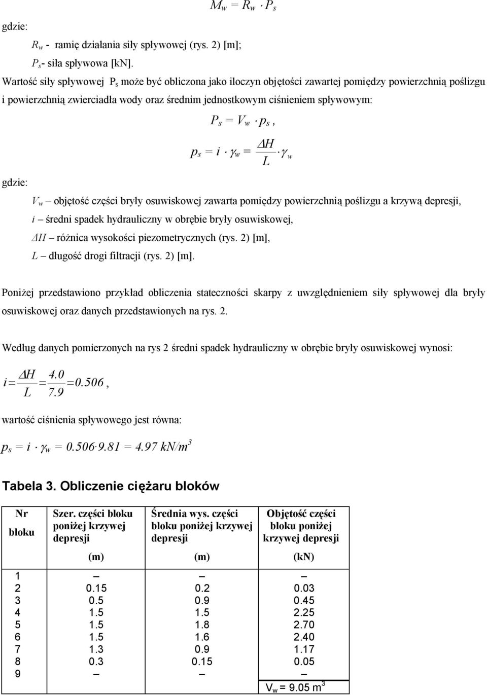 γ w L gdze: V w objętość częśc bryły osuwskowej zawarta pomędzy powerzchną poślzgu a krzywą depresj, średn spadek hydraulczny w obrębe bryły osuwskowej, ΔH różnca wysokośc pezometrycznych (rys.