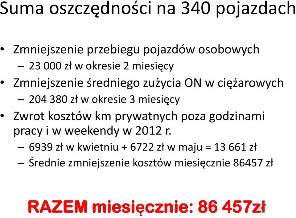 kosztów km prywatnych poza godzinami pracy i w weekendy w 2012 r.