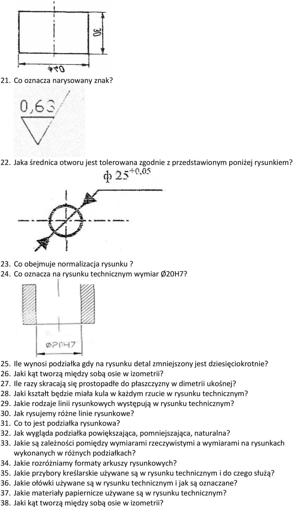 Ile razy skracają się prostopadłe do płaszczyzny w dimetrii ukośnej? 28. Jaki kształt będzie miała kula w każdym rzucie w rysunku technicznym? 29.