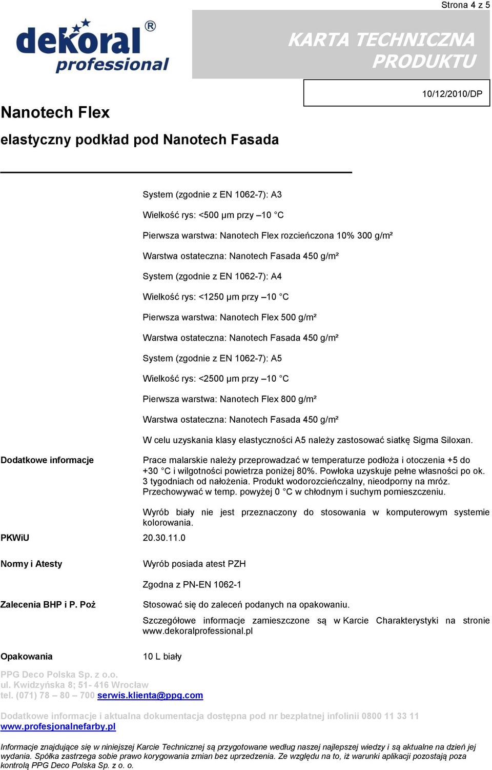 Dodatkowe informacje Prace malarskie należy przeprowadzać w temperaturze podłoża i otoczenia +5 do +30 C i wilgotności powietrza poniżej 80%. Powłoka uzyskuje pełne własności po ok.