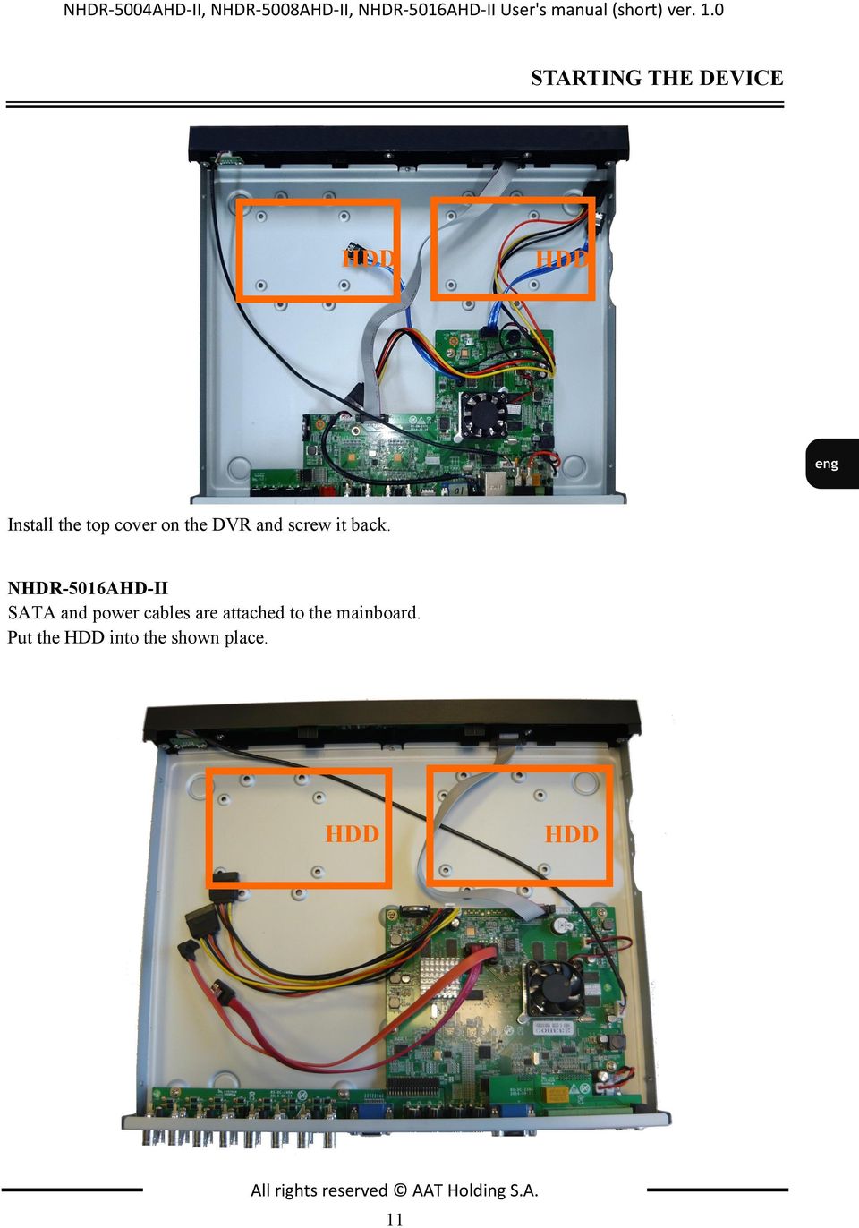 back. NHDR-5016AHD-II SATA and power cables are attached to the mainboard.