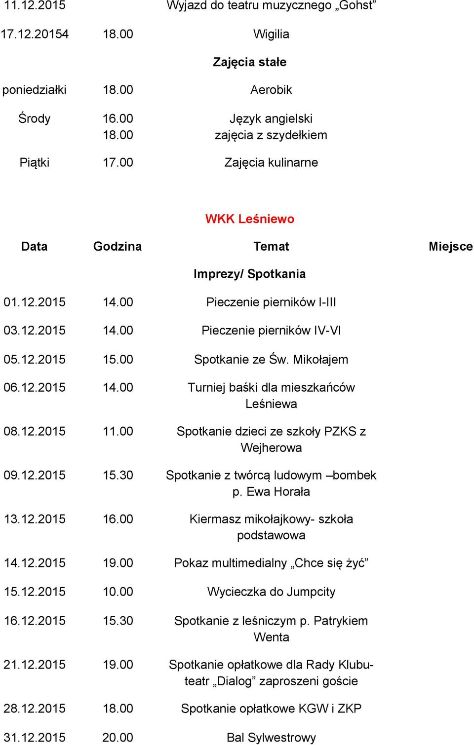 00 Spotkanie dzieci ze szkoły PZKS z Wejherowa 09.12.2015 15.30 Spotkanie z twórcą ludowym bombek p. Ewa Horała 13.12.2015 16.00 Kiermasz mikołajkowy- szkoła podstawowa 14.12.2015 19.