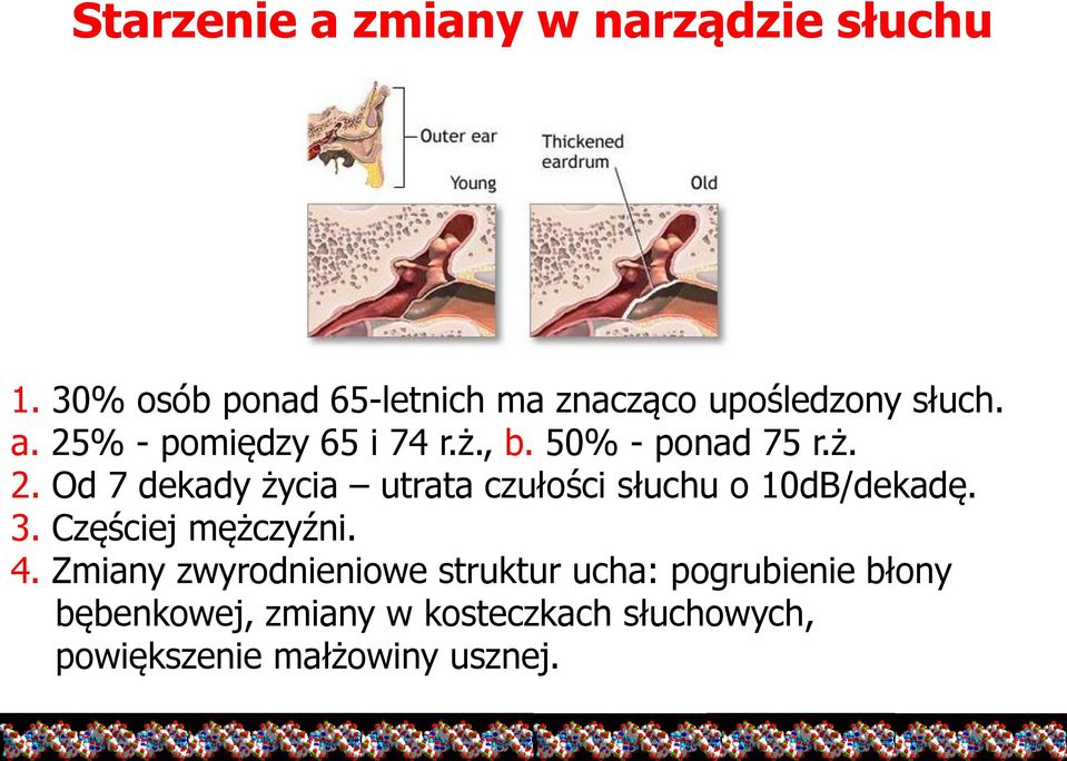 50% - ponad 75 r.ż. 2. Od 7 dekady życia utrata czułości słuchu o 10dB/dekadę. 3.