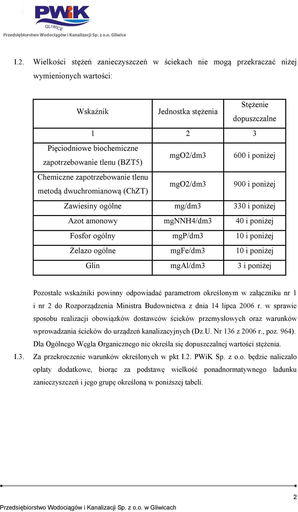 Fosfor ogólny mgp/dm3 10 i poniżej Żelazo ogólne mgfe/dm3 10 i poniżej Glin mgal/dm3 3 i poniżej I.3. Pozostałe wskaźniki powinny odpowiadać parametrom określonym w załączniku nr 1 i nr 2 do Rozporządzenia Ministra Budownictwa z dnia 14 lipca 2006 r.