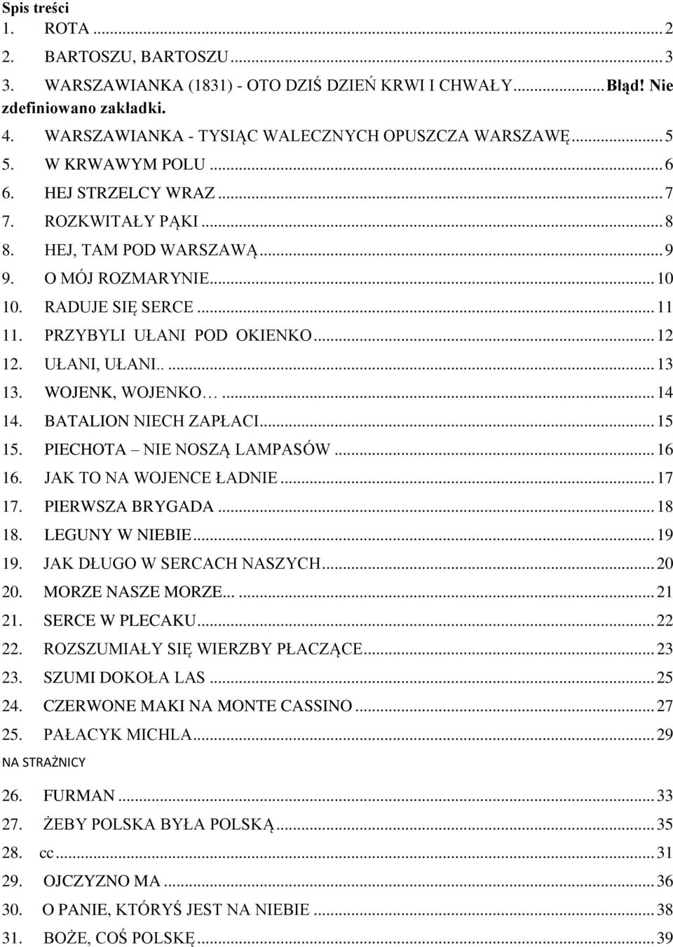 UŁANI, UŁANI..... 13 13. WOJENK, WOJENKO... 14 14. BATALION NIECH ZAPŁACI... 15 15. PIECHOTA NIE NOSZĄ LAMPASÓW... 16 16. JAK TO NA WOJENCE ŁADNIE... 17 17. PIERWSZA BRYGADA... 18 18. LEGUNY W NIEBIE.