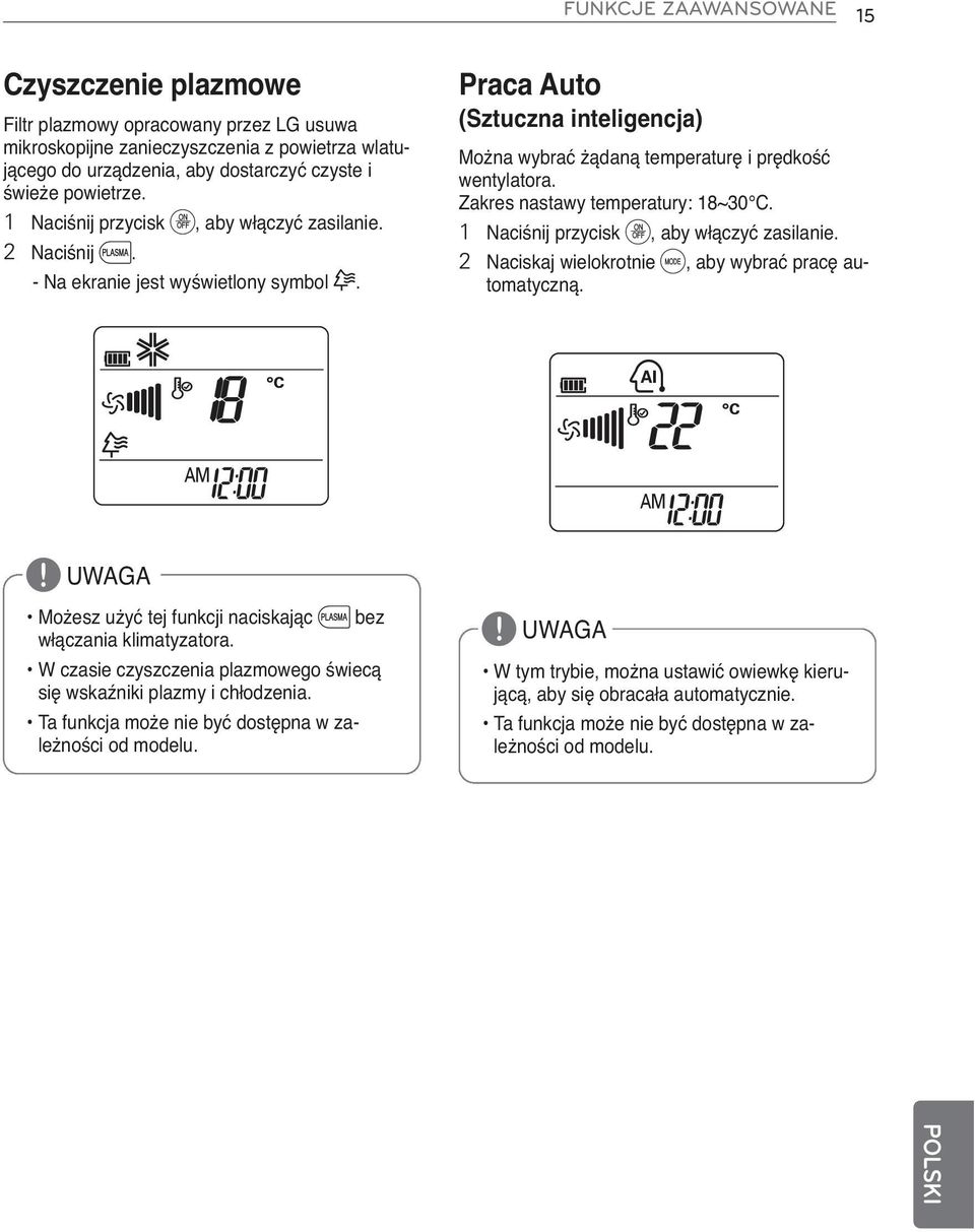 Zakres nastawy temperatury: 18~30 C. 1 Naciśnij przycisk d, aby włączyć zasilanie. 2 Naciskaj wielokrotnie f, aby wybrać pracę automatyczną.