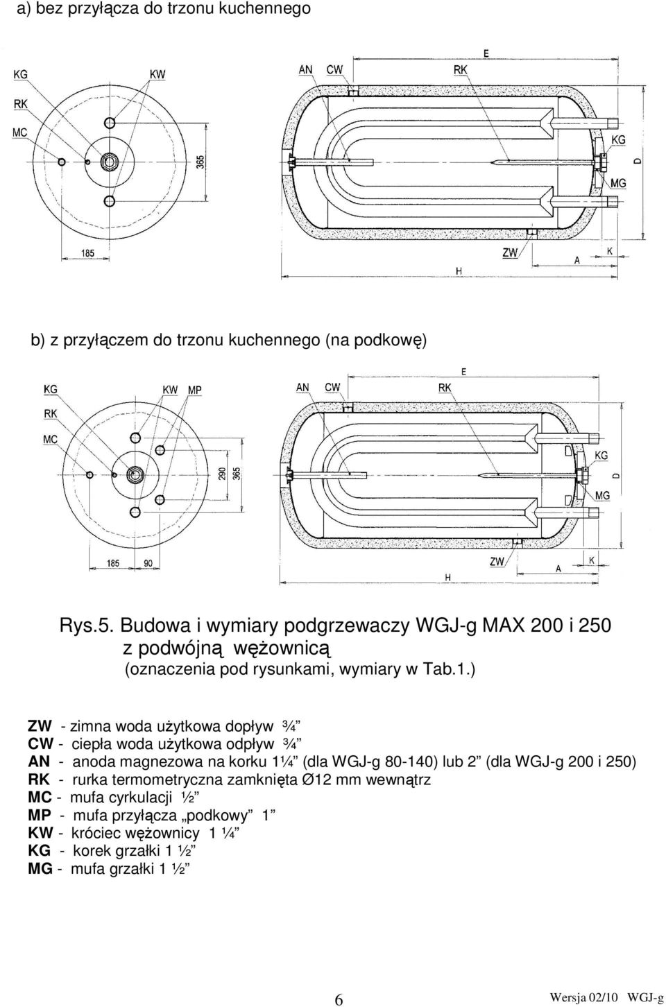 ) ZW - zimna woda uŝytkowa dopływ ¾ CW - ciepła woda uŝytkowa odpływ ¾ AN - anoda magnezowa na korku 1¼ (dla 80-140) lub 2 (dla