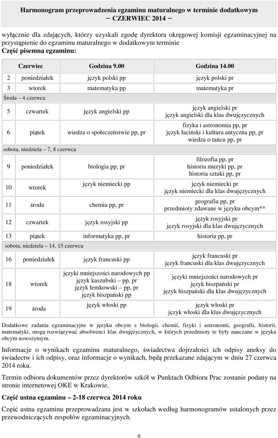 00 2 poniedziałek język polski pp język polski pr 3 wtorek matematyka pp matematyka pr Środa 4 czerwca 5 czwartek język angielski pp 6 piątek wiedza o społeczeństwie pp, pr sobota, niedziela 7, 8