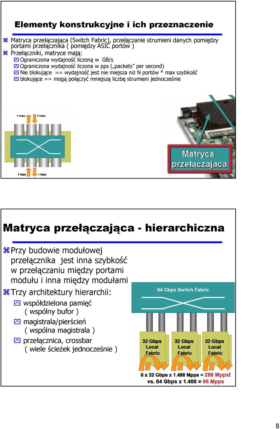 blokujące == mogą połączyć mniejszą liczbę strumieni jednocześnie Matryca przełączająca - hierarchiczna Przy budowie modułowej przełącznika jest inna szybkość w przełączaniu między