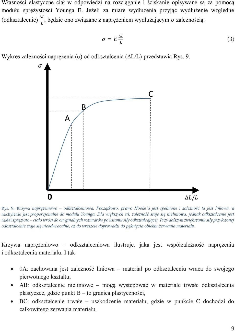 odkształcenia ( L/L) przedstawia Rys. 9. σ A B C 0 L/L Rys. 9. Krzywa naprężeniowo odkształceniowa.