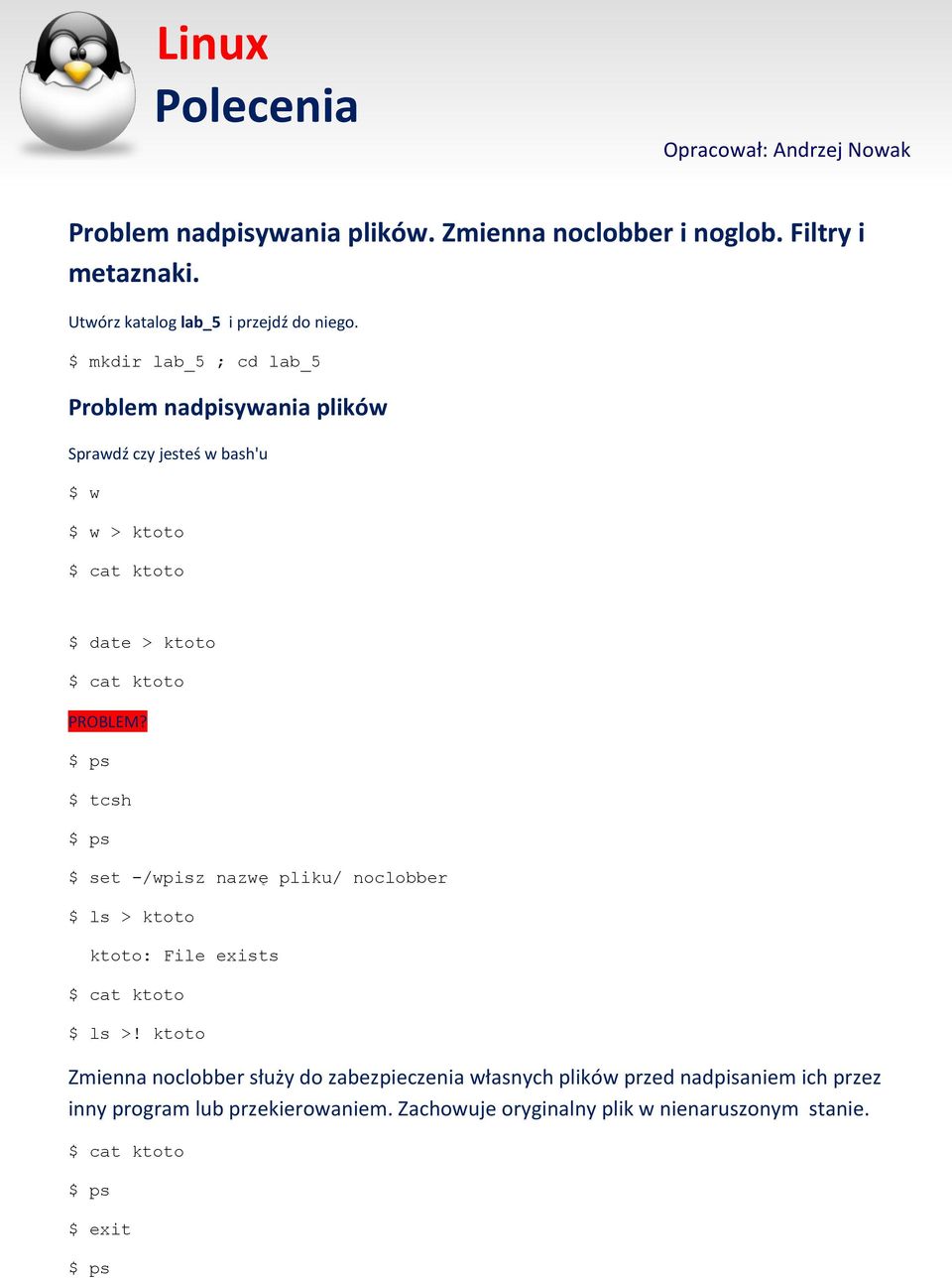 $ mkdir lab_5 ; cd lab_5 Problem nadpisywania plików Sprawdź czy jesteś w bash'u $ w $ w > ktoto $ date > ktoto PROBLEM?