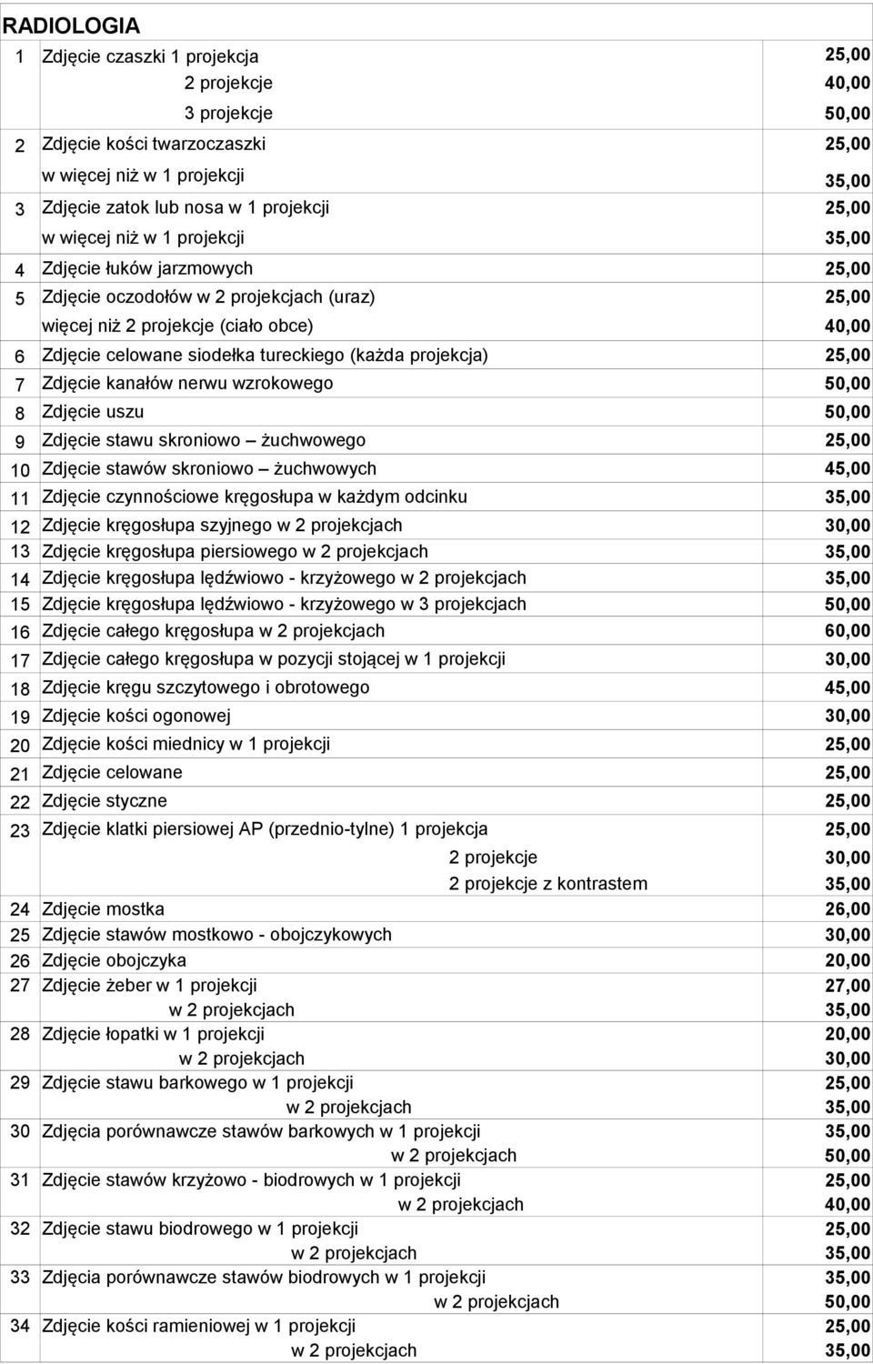 (każda projekcja) 25,00 7 Zdjęcie kanałów nerwu wzrokowego 50,00 8 Zdjęcie uszu 50,00 9 Zdjęcie stawu skroniowo żuchwowego 25,00 10 Zdjęcie stawów skroniowo żuchwowych 45,00 11 Zdjęcie czynnościowe