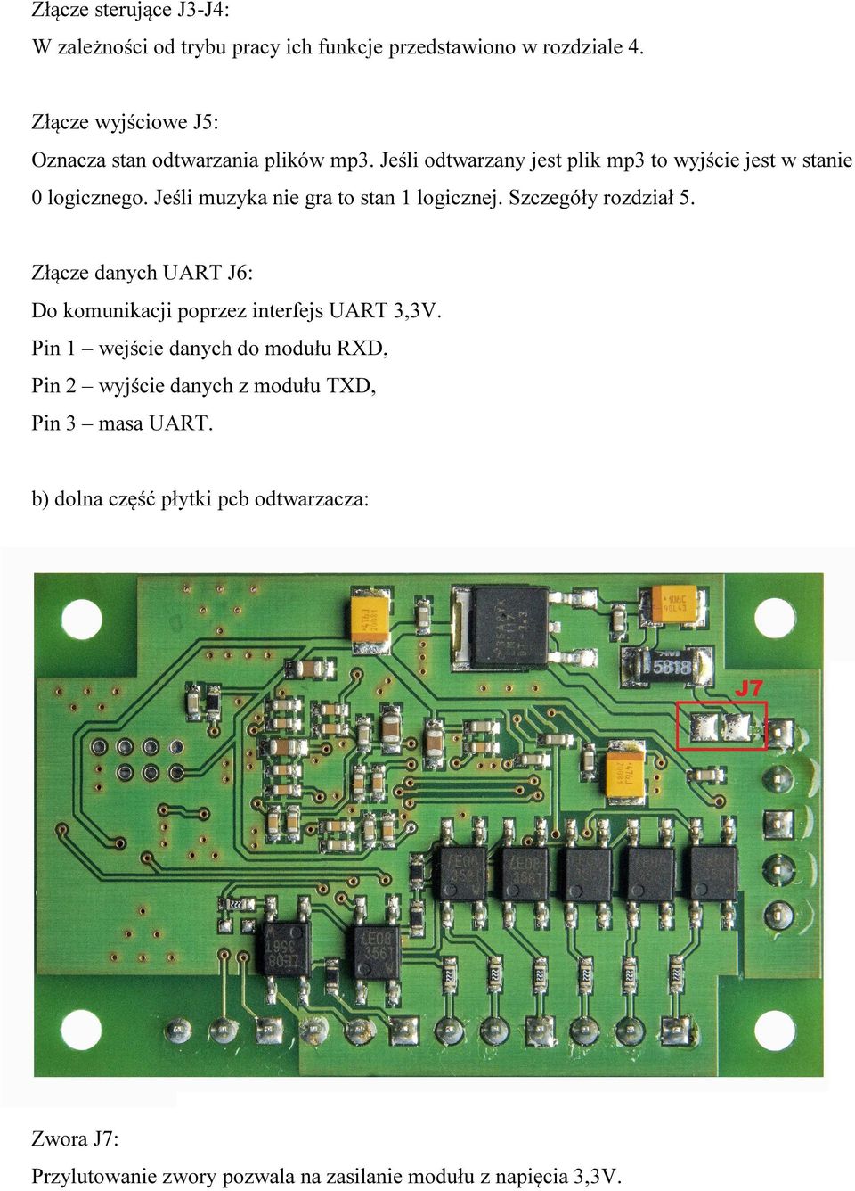 Jeśli muzyka nie gra to stan 1 logicznej. Szczegóły rozdział 5. Złącze danych UART J6: Do komunikacji poprzez interfejs UART 3,3V.