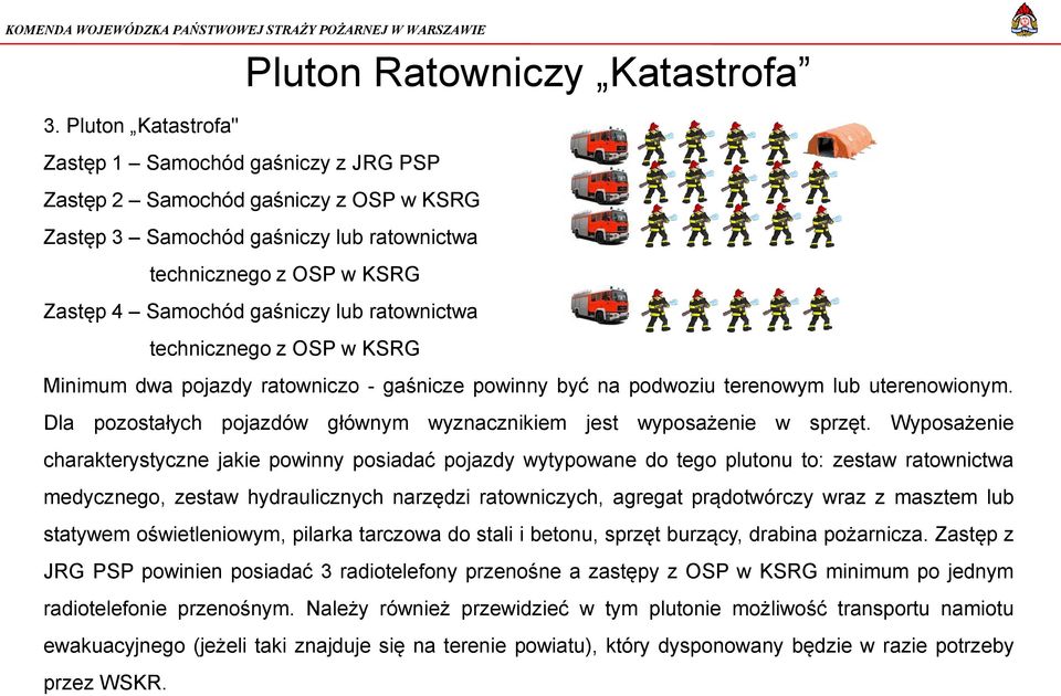 ratownictwa technicznego z OSP w KSRG Minimum dwa pojazdy ratowniczo - gaśnicze powinny być na podwoziu terenowym lub uterenowionym.