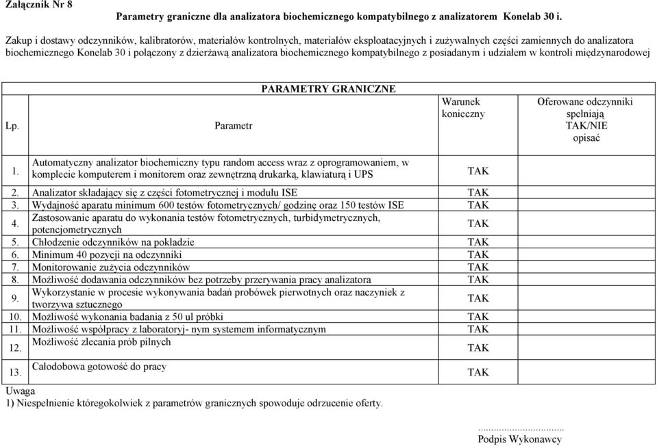 międzynarodowej Lp Parametr PARAMETRY GRANICZNE Warunek konieczny Oferowane odczynniki spełniają /NIE opisać 1 Automatyczny analizator biochemiczny typu random access wraz z oprogramowaniem, w