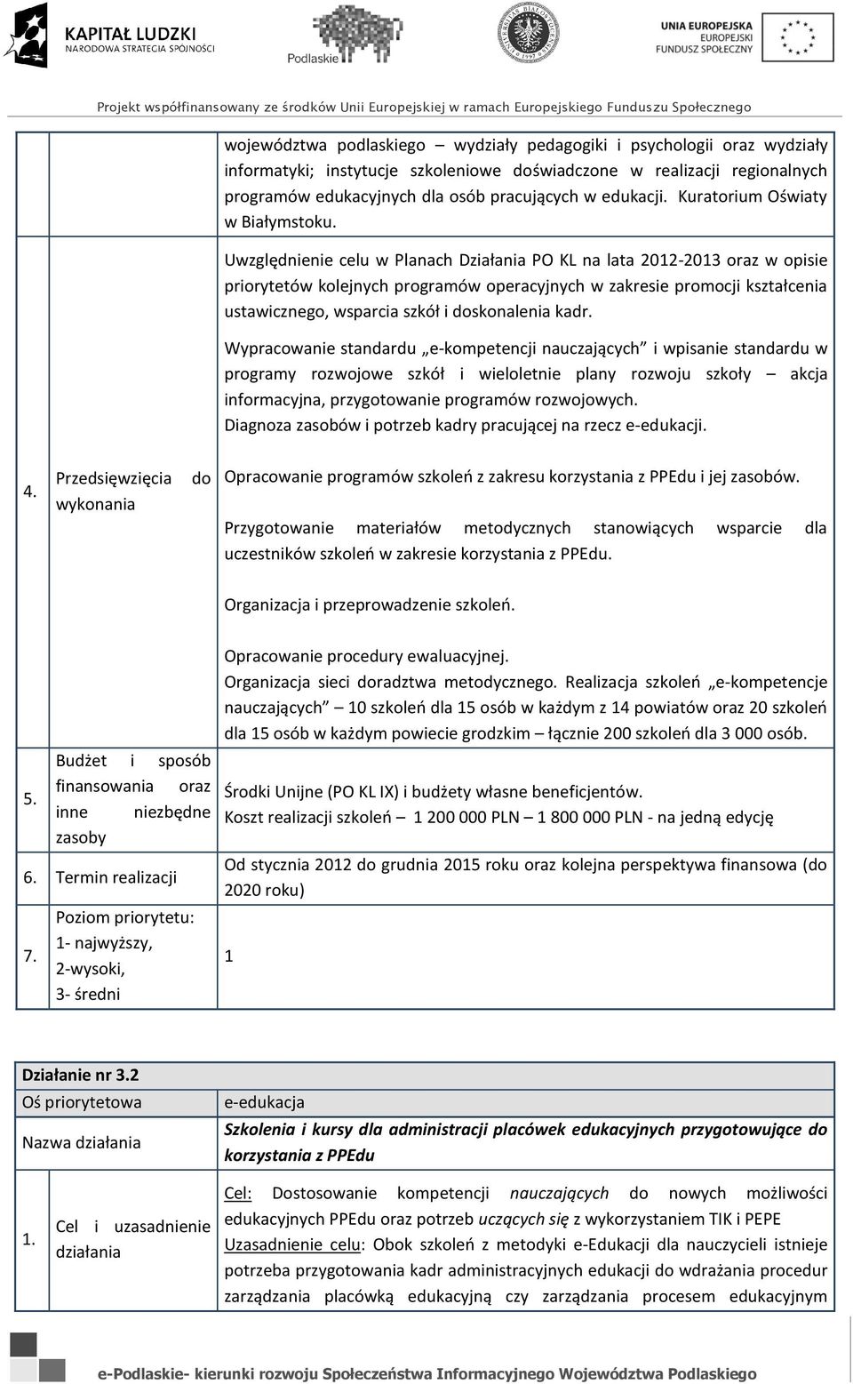 Uwzględnienie celu w Planach Działania PO KL na lata 202-203 oraz w opisie priorytetów kolejnych programów operacyjnych w zakresie promocji kształcenia ustawicznego, wsparcia szkół i skonalenia kadr.