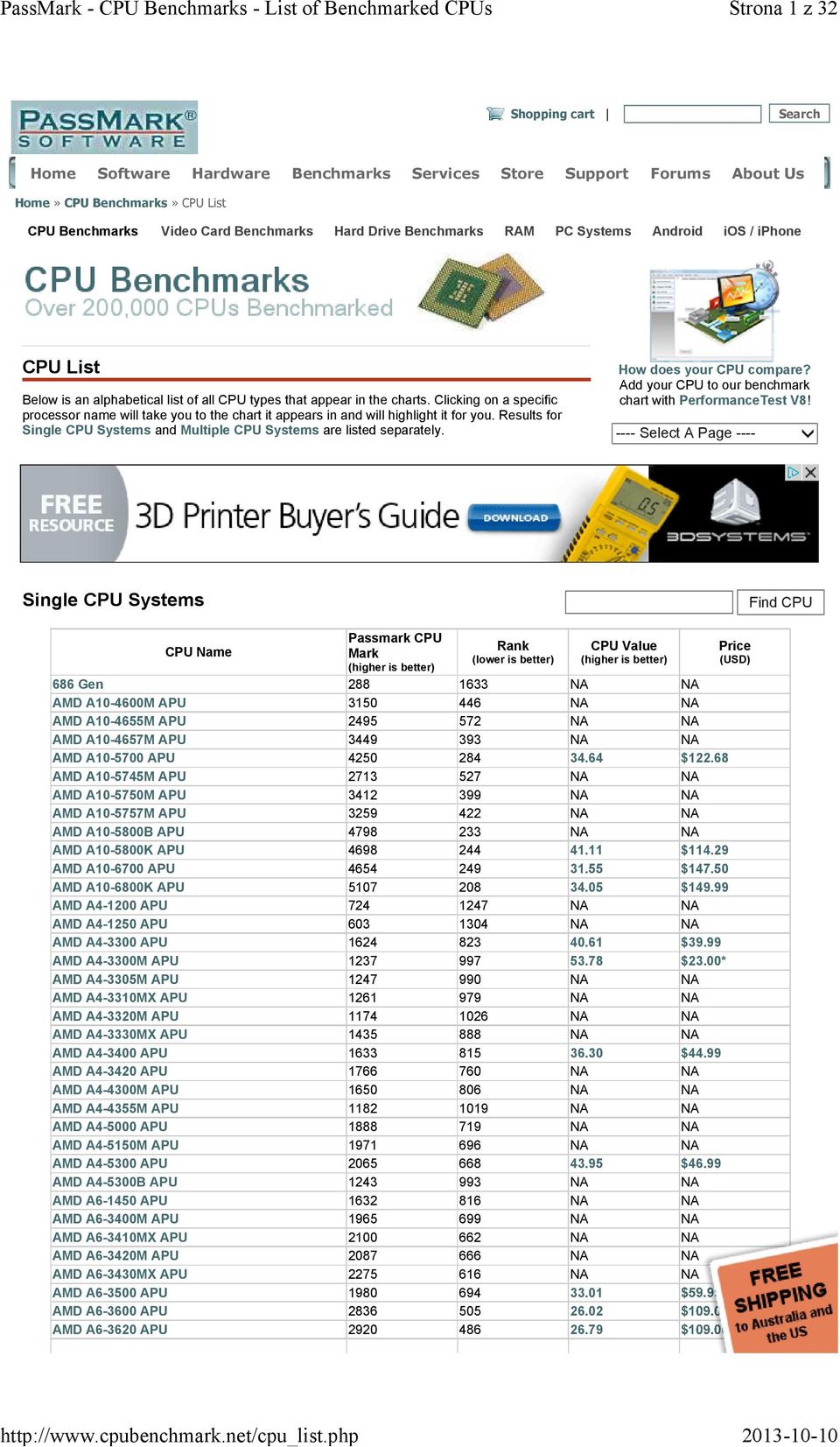 Clicking on a specific processor name will take you to the chart it appears in and will highlight it for you. Results for Single CPU Systems and Multiple CPU Systems are listed separately.