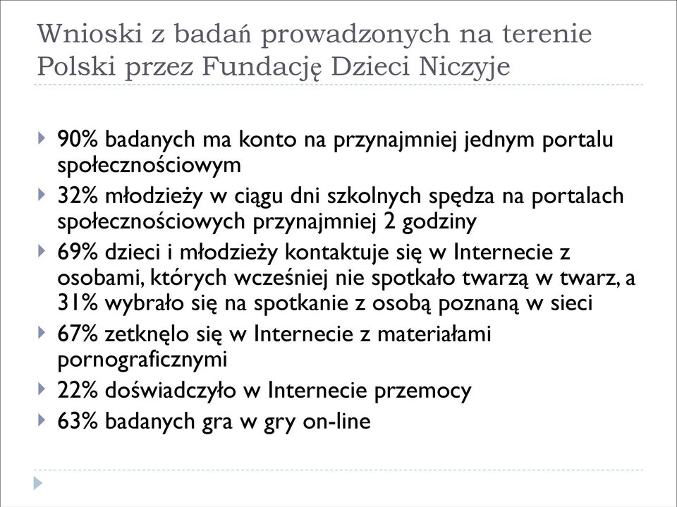 młodzieży kontaktuje się w Internecie z osobami, których wcześniej nie spotkało twarzą w twarz, a 31% wybrało się na spotkanie z osobą
