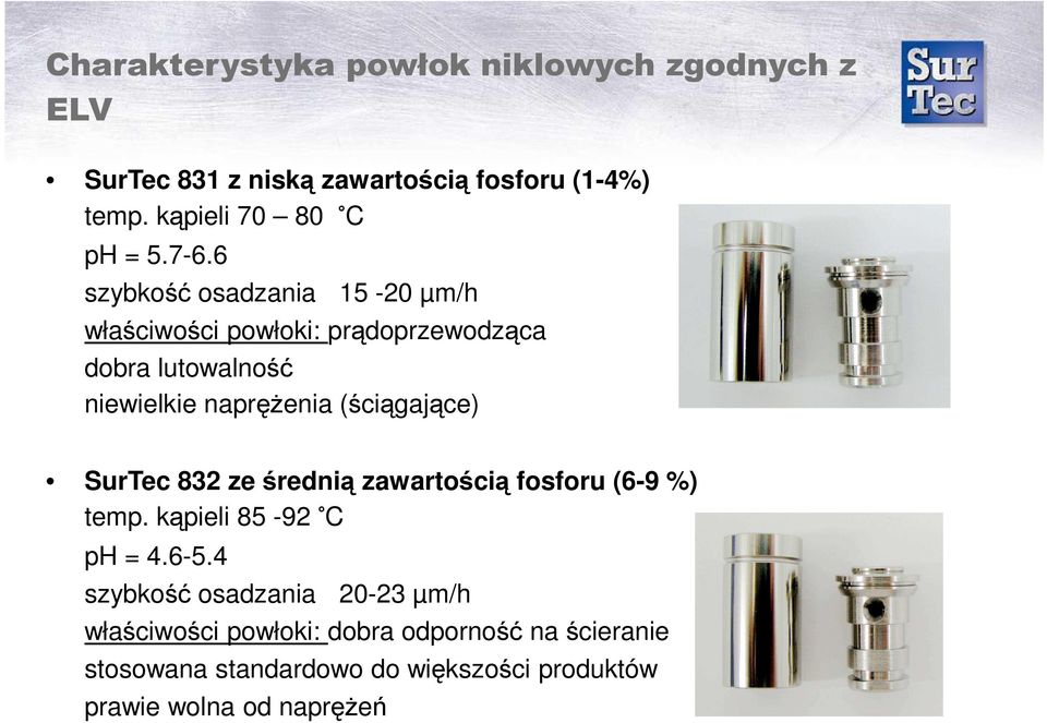 6 szybkość osadzania 15-20 µm/h właściwości powłoki: prądoprzewodząca dobra lutowalność niewielkie napręŝenia