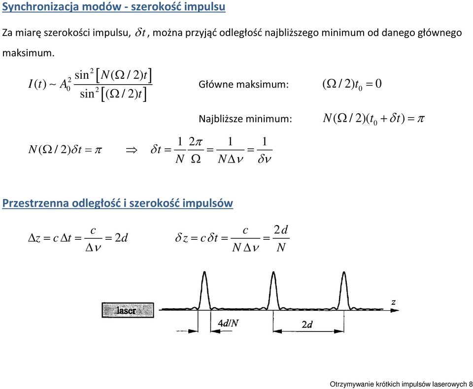 It () [ N Ω t] [ Ω t] sin ( / ) 0 A Główne maksimum: ( Ω / ) t0 = 0 sin ( / ) N( Ω / ) δt = π N( Ω / )( t +