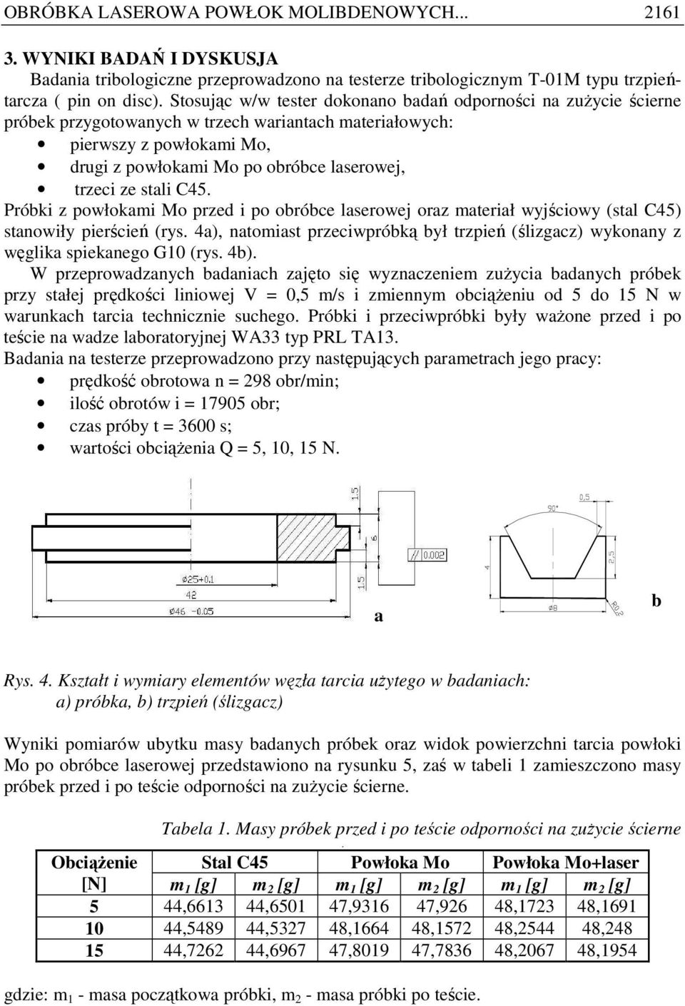 stali C45. Próbki z powłokami Mo przed i po obróbce laserowej oraz materiał wyjściowy (stal C45) stanowiły pierścień (rys.