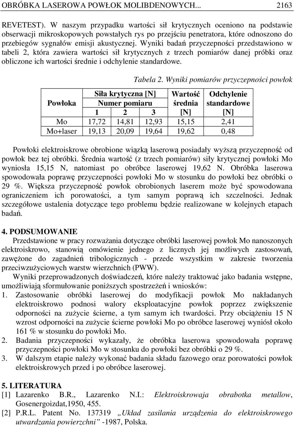 Wyniki badań przyczepności przedstawiono w tabeli 2, która zawiera wartości sił krytycznych z trzech pomiarów danej próbki oraz obliczone ich wartości średnie i odchylenie standardowe.