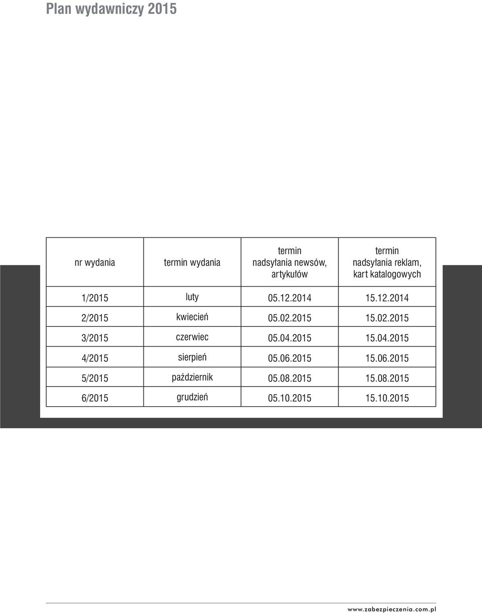 artykułów termin nadsyłania reklam, kart katalogowych 1/2015 luty 05.12.2014 15.12.2014 2/2015 kwiecień 05.02.