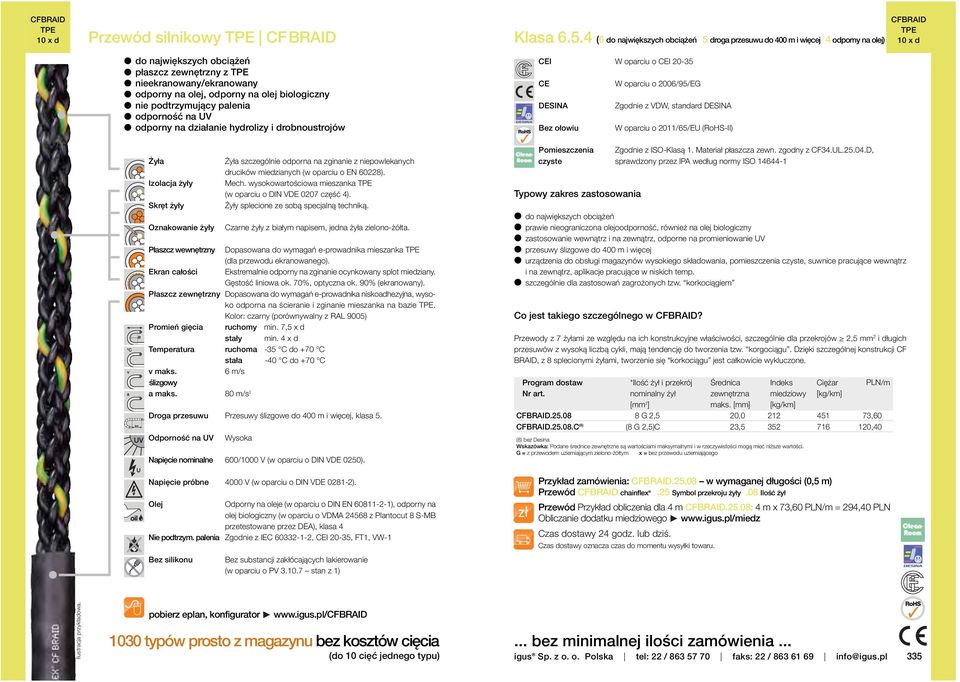 odporny na olej biologiczny l nie podtrzymujący palenia l odporność na UV CEI W oparciu o CEI 20-35 CE W oparciu o 2006/95/EG DESINA Zgodnie z VDW, standard DESINA Bez ołowiu W oparciu o 2011/65/EU